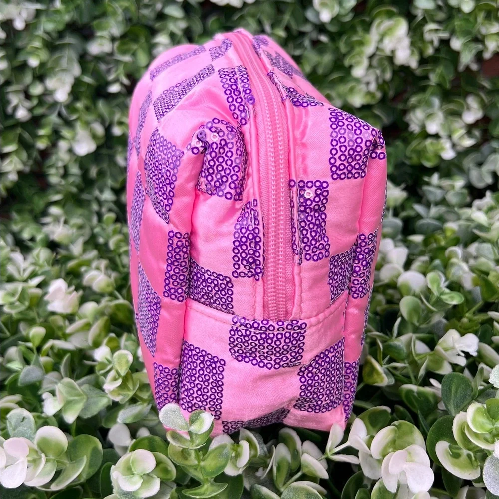 Ulta Beauty Pink and Purple Sequins Check Pattern Cosmetic Pouch Bag